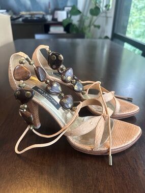 Sergio Rossi Tan Wooden Beaded Brass Inlay Strap High Heel Sandals 35.5 5.5